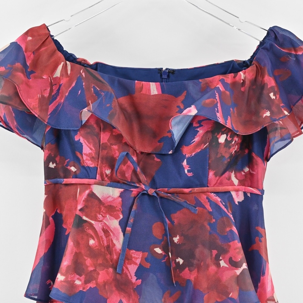 Rickie Freeman Teri Jon Floral Tiered Ruffle Dress Womens Sz 6 Navy Red Wedding - Picture 8 of 12